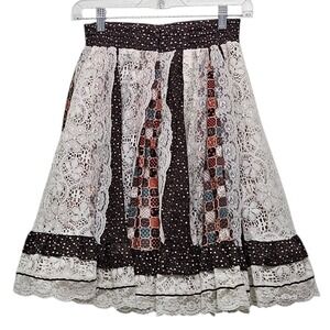 Vintage 70s Square Up Skirt Petite Brown Lace Patchwork Square Dance Indie Boho